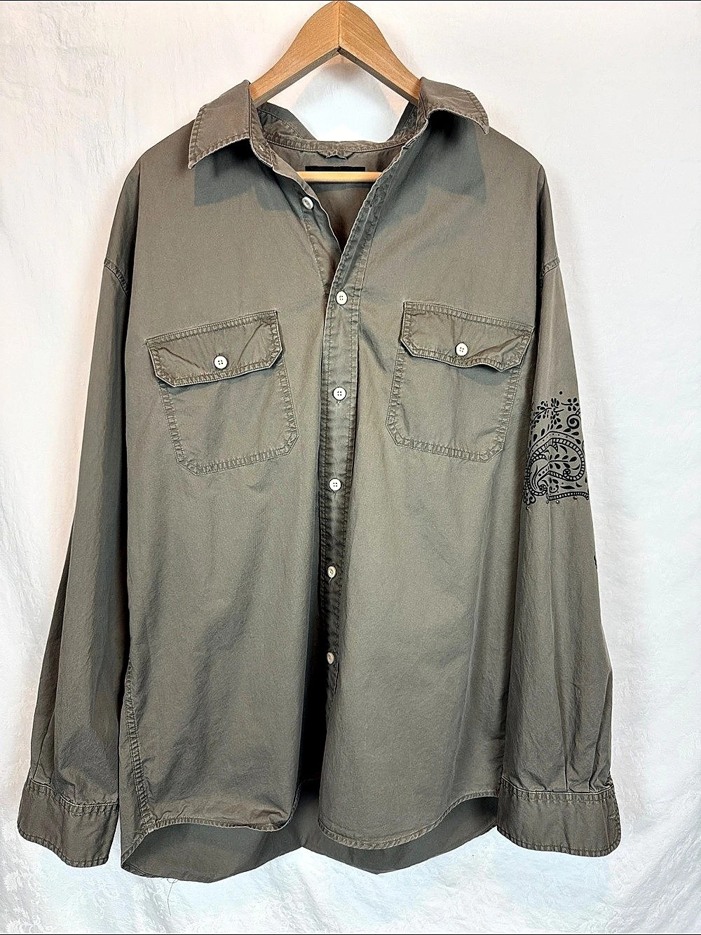 Express Mens 2XL Olive Green Long Sleeve Utility Button Down Shirt Paisley